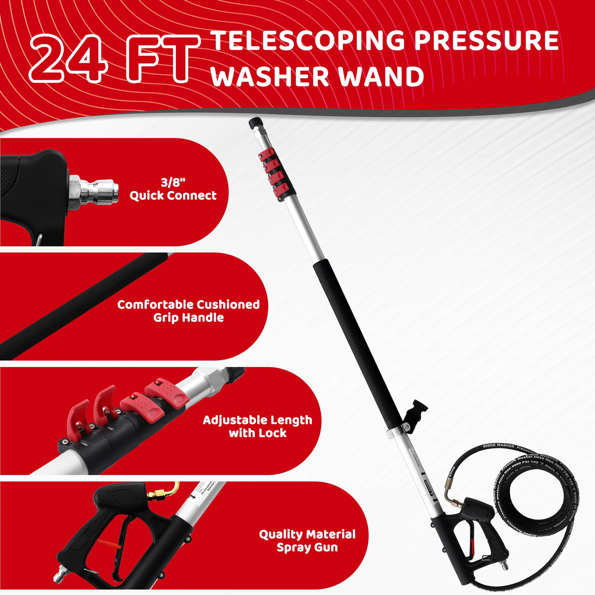 RIDGE WASHER extension wands with 90, 30, and 120-degree angles.