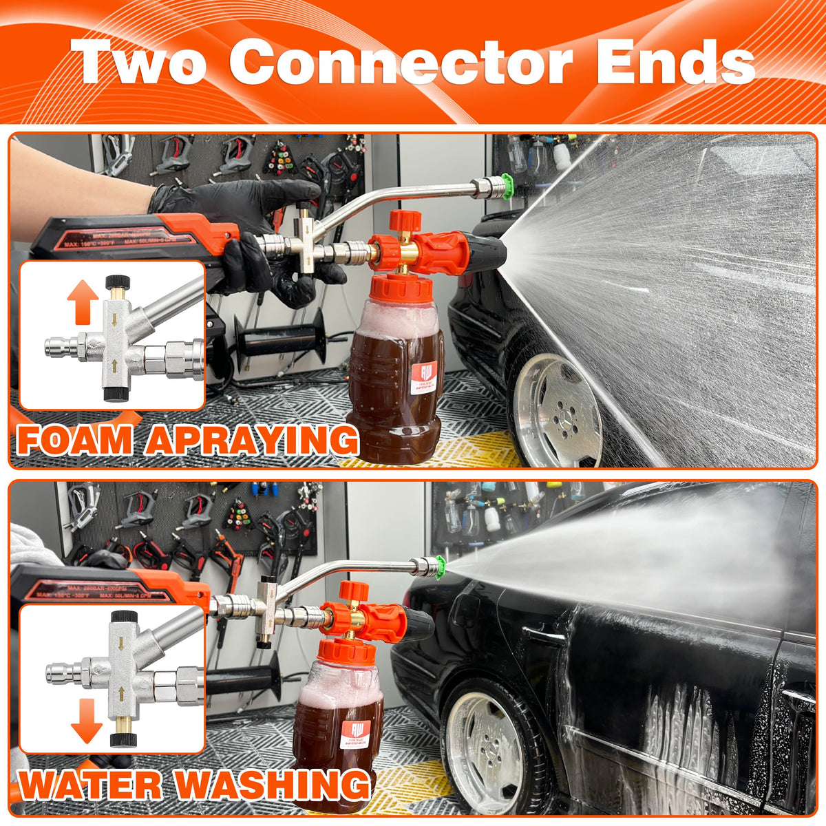 RIDGE WASHER foam cannon two-way valve for seamless foam or water flow.