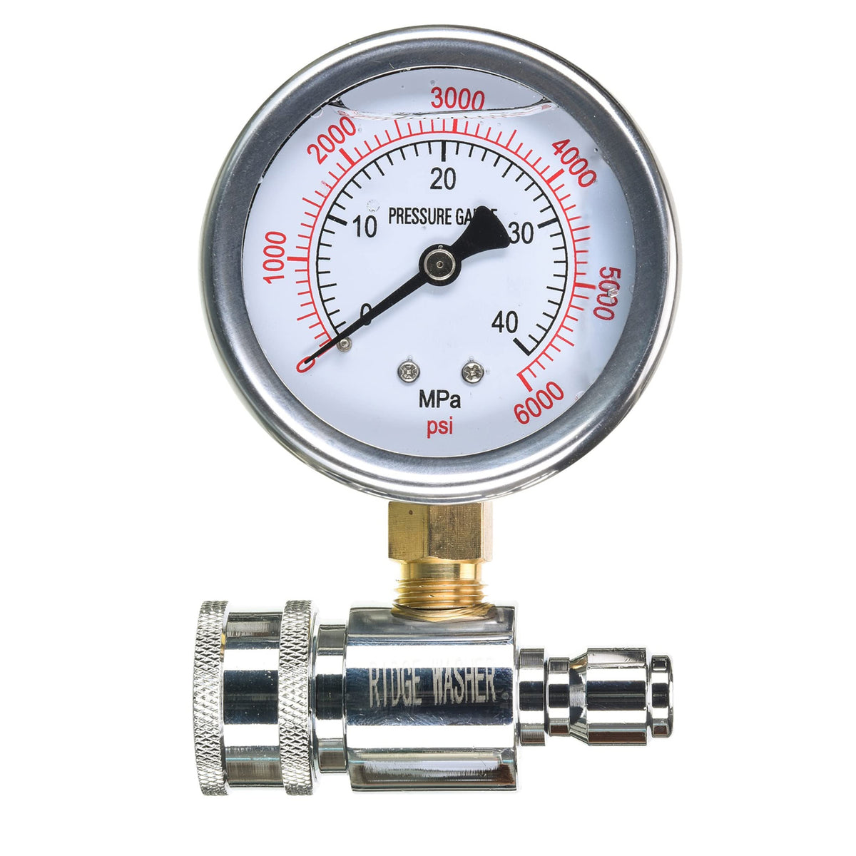 RIDGE WASHER gauge shows up to 6000 PSI with quick-connect for accurate testing