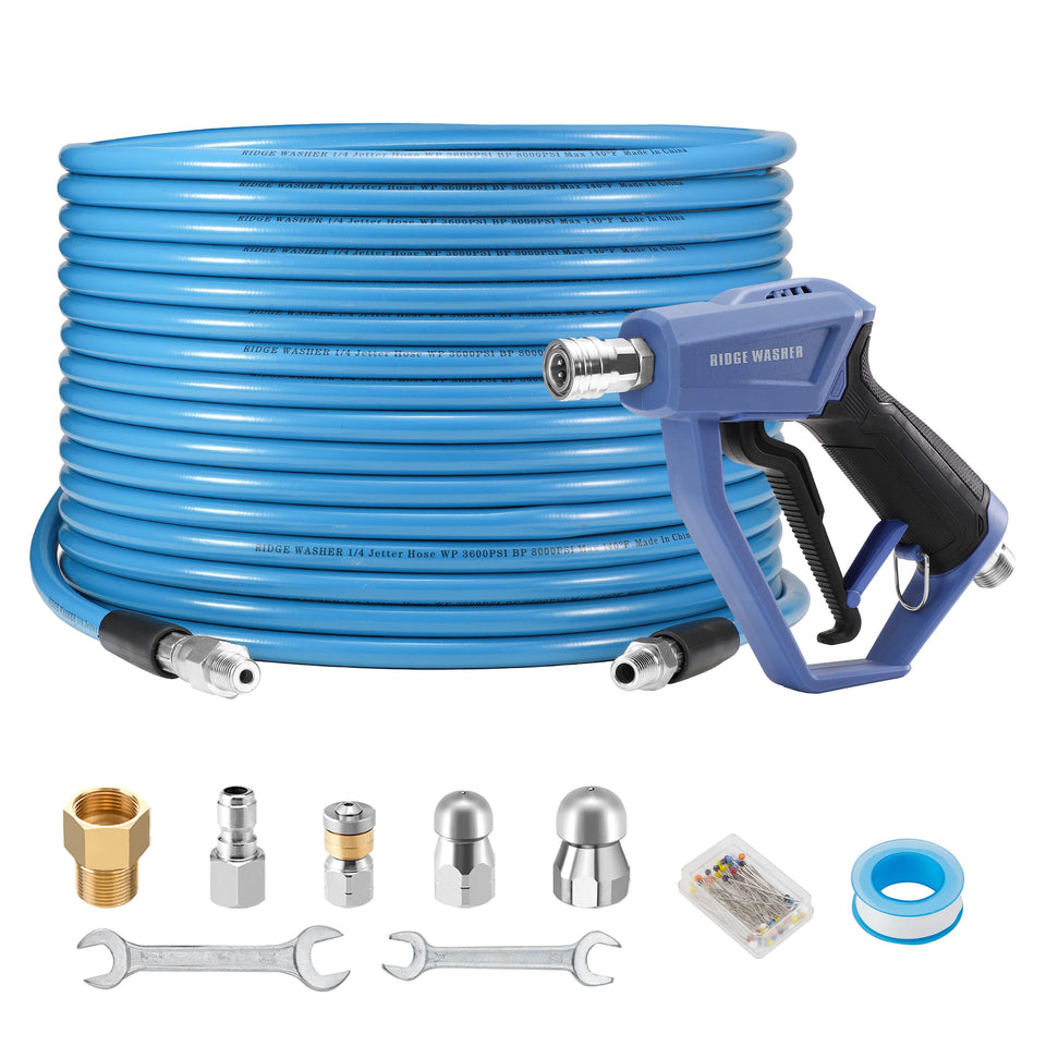 RIDGE WASHER sewer jetter 100ft hose cleans drains with high-pressure precision