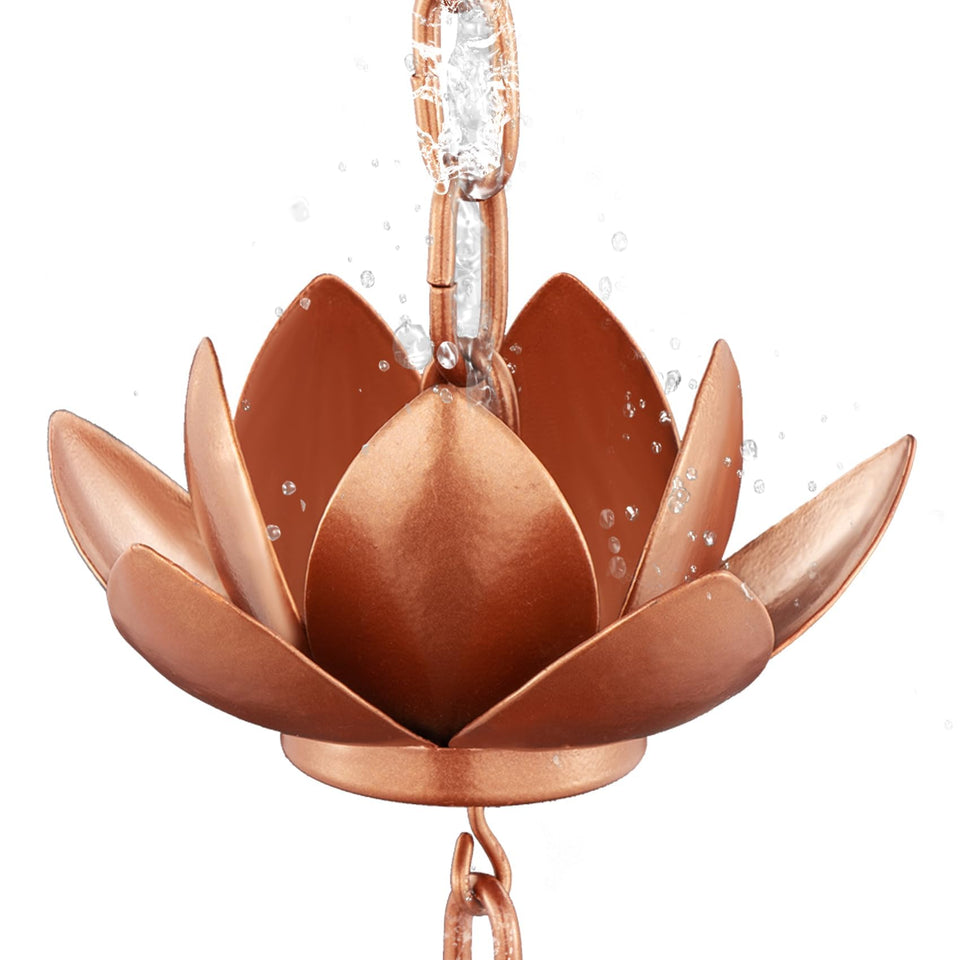 Rifachua rain chain with 8.5ft copper lotus cups enhances gutter aesthetics and rain flow