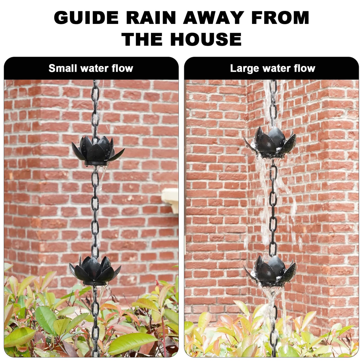 Rifachua rain chain gutter adapter connects securely for a tidy, splash-minimized installation.