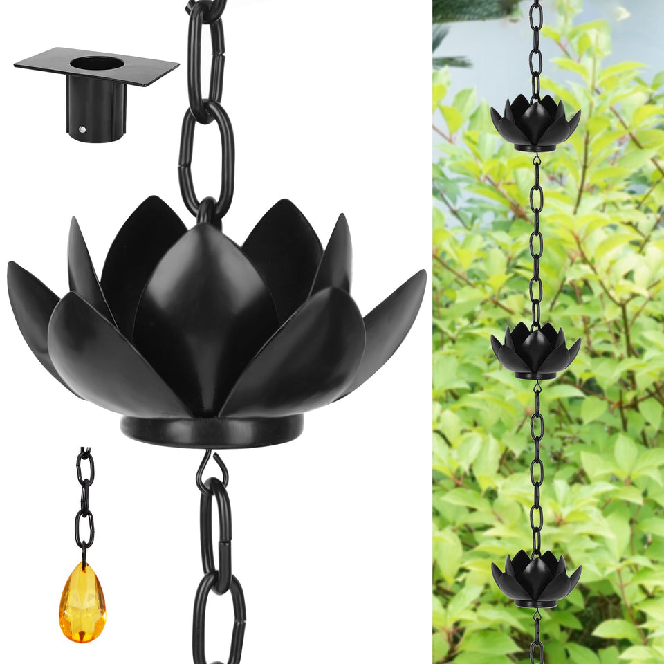 Rifachua rain chain with lotus cups enhances curb appeal and channels rainwater gracefully.