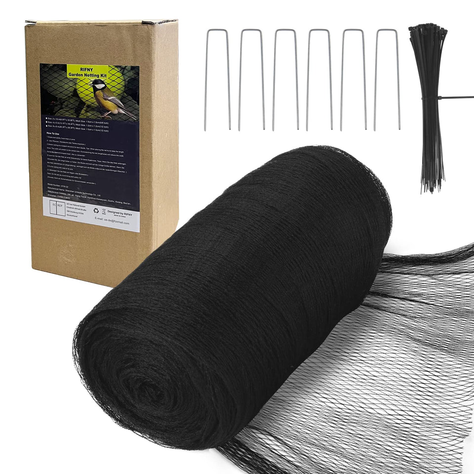 RIFNY Bird Netting 28x30ft around garden protects crops while allowing airflow.