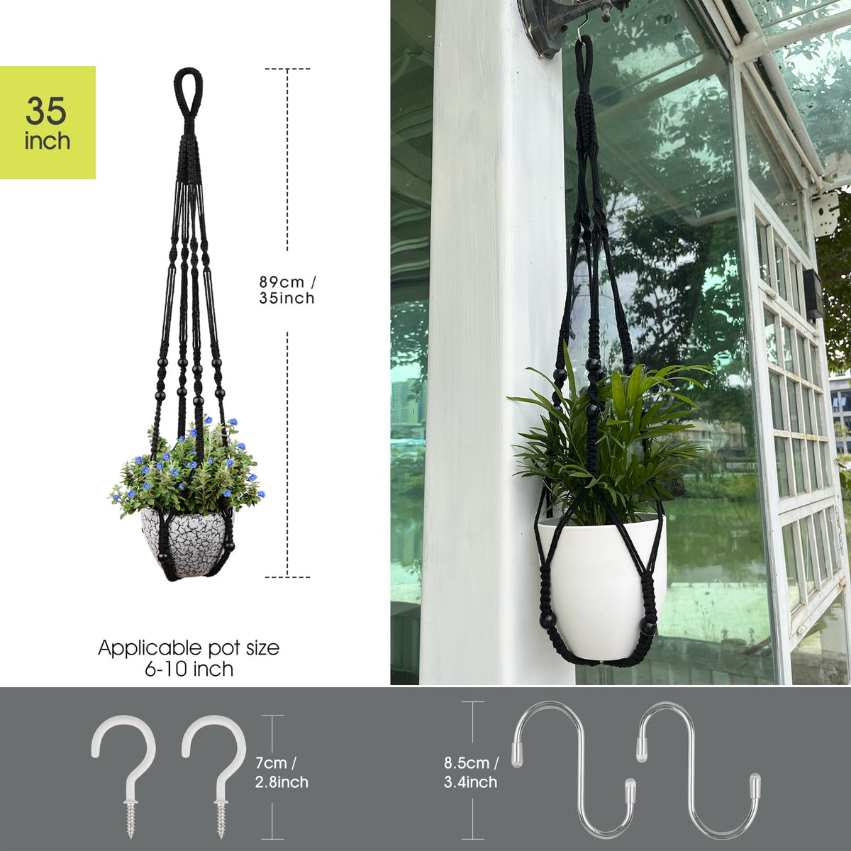 RIFNY macrame hanger includes ceiling and wall hooks for easy setup.
