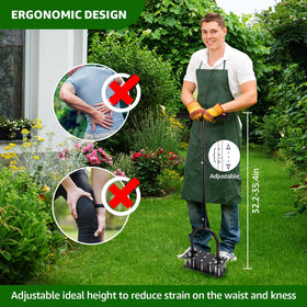 RIFPOD lawn aerator demonstrates the 32–35 inch height range for ergonomic use