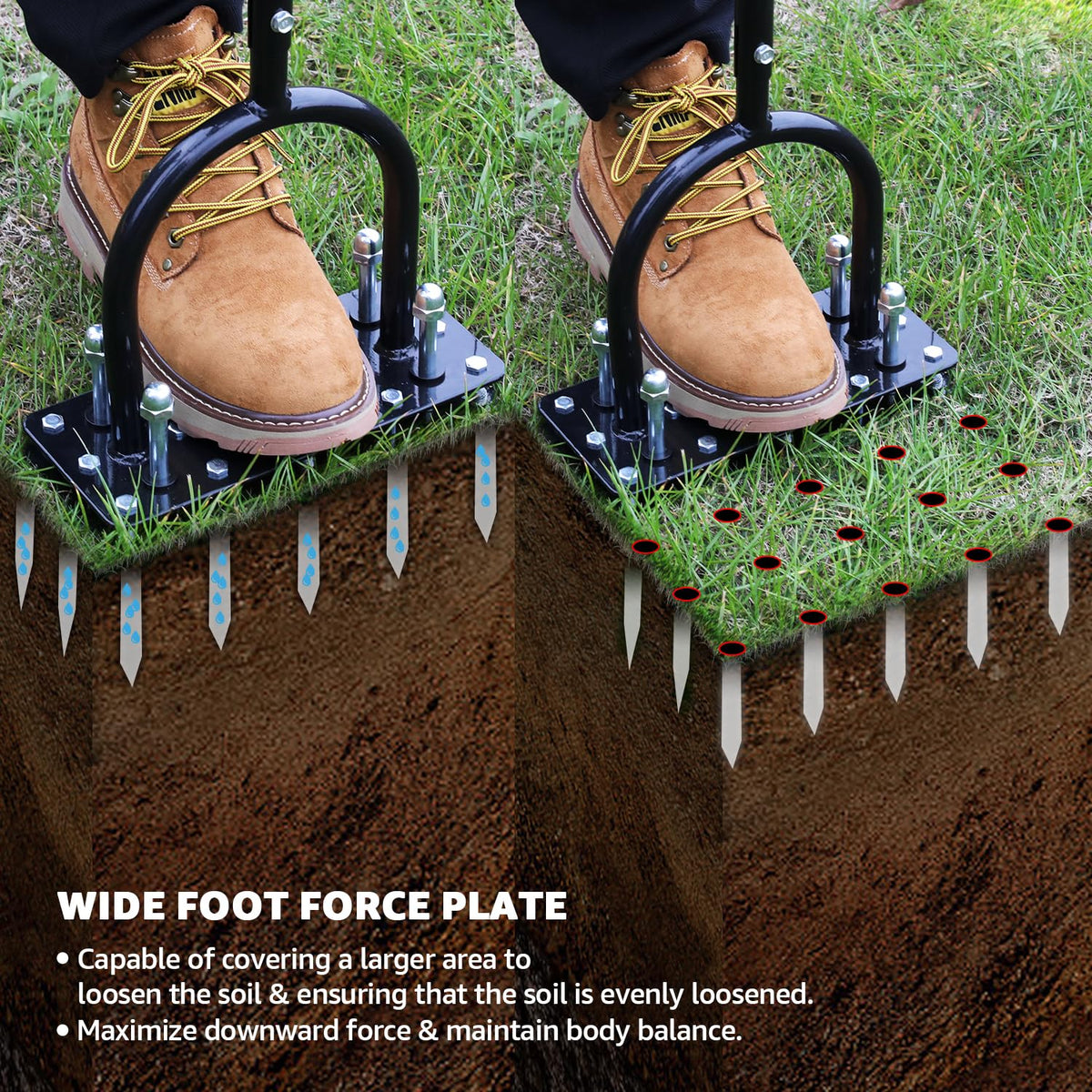 RIFPOD aerator’s 15 spikes penetrate soil for uniform loosening and better grass growth potential