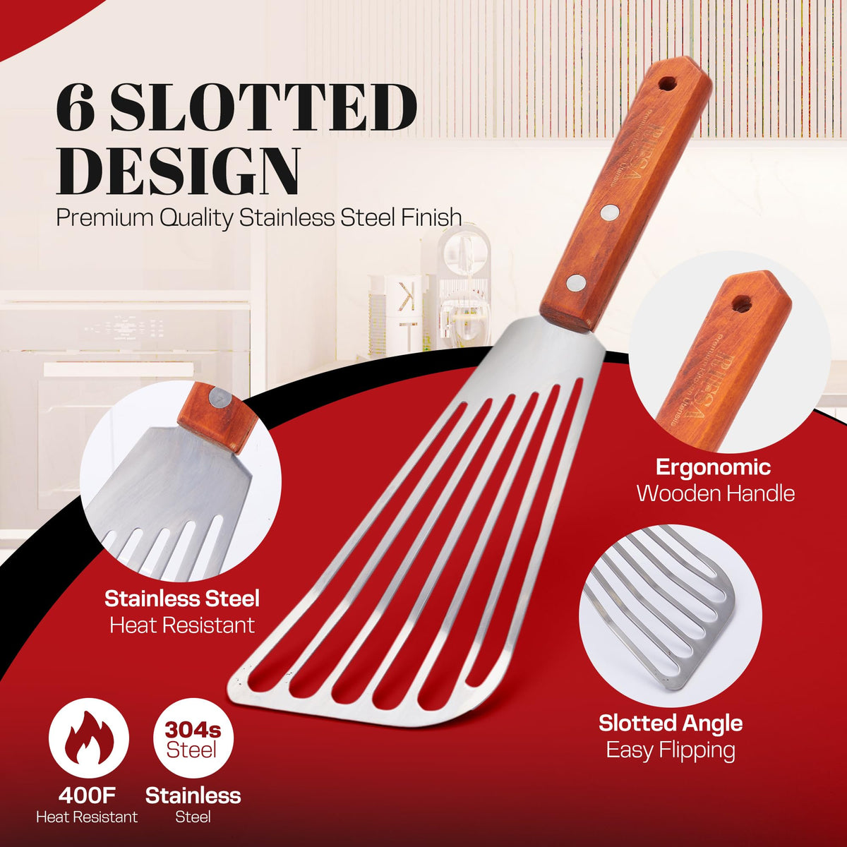 Rifsa spatula features a tapered edge for whisper-light flipping