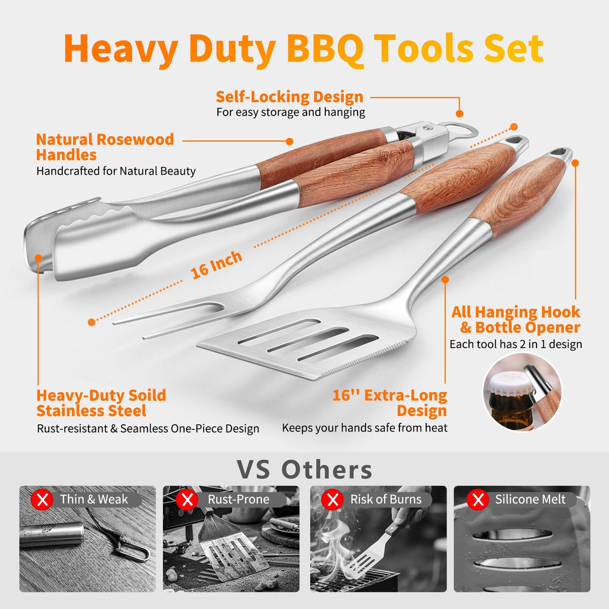 RIKOJUXI 16-inch grilling fork designed for precise turning of thick cuts.