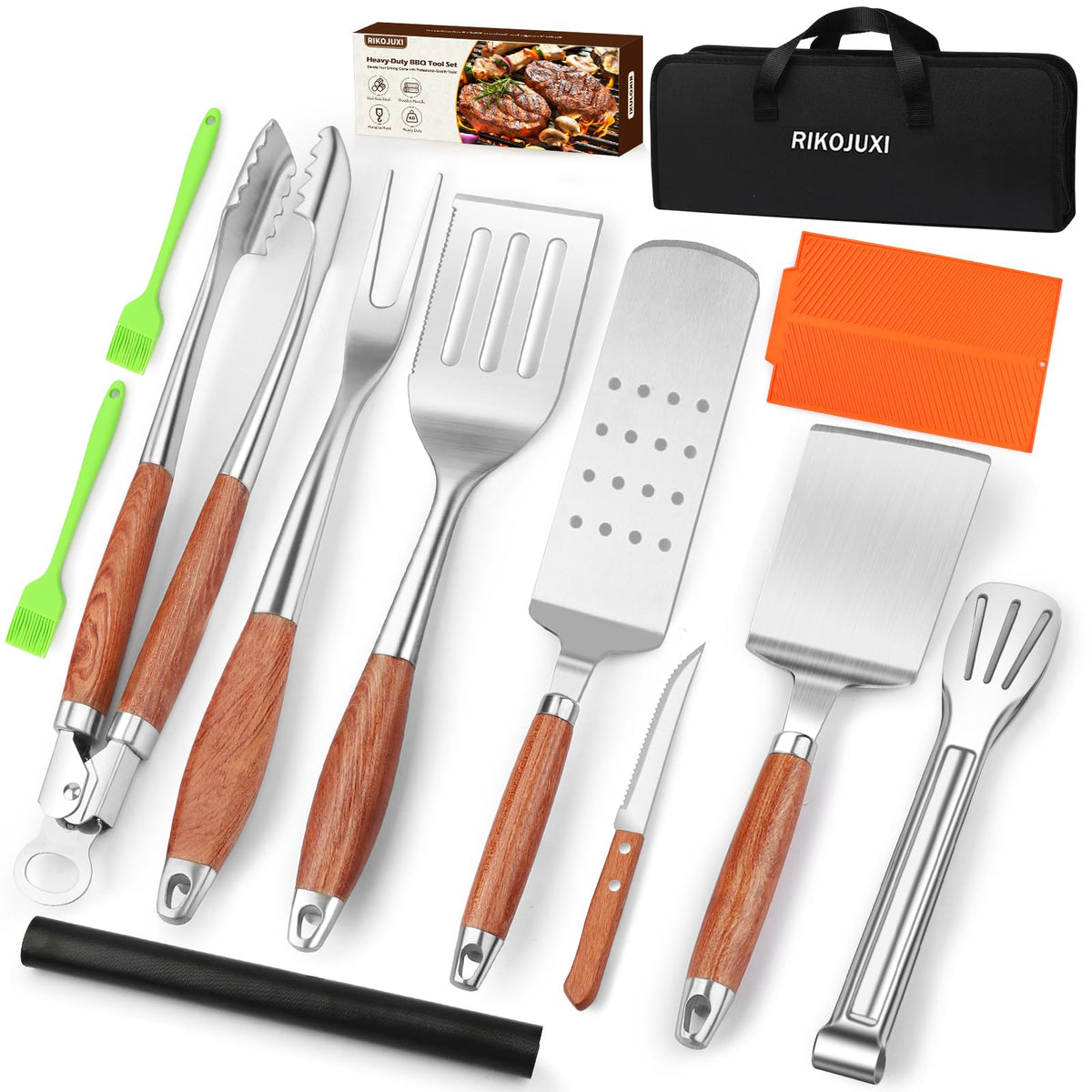 RIKOJUXI 16-inch spatula for grilling with extended reach and safe flipping.