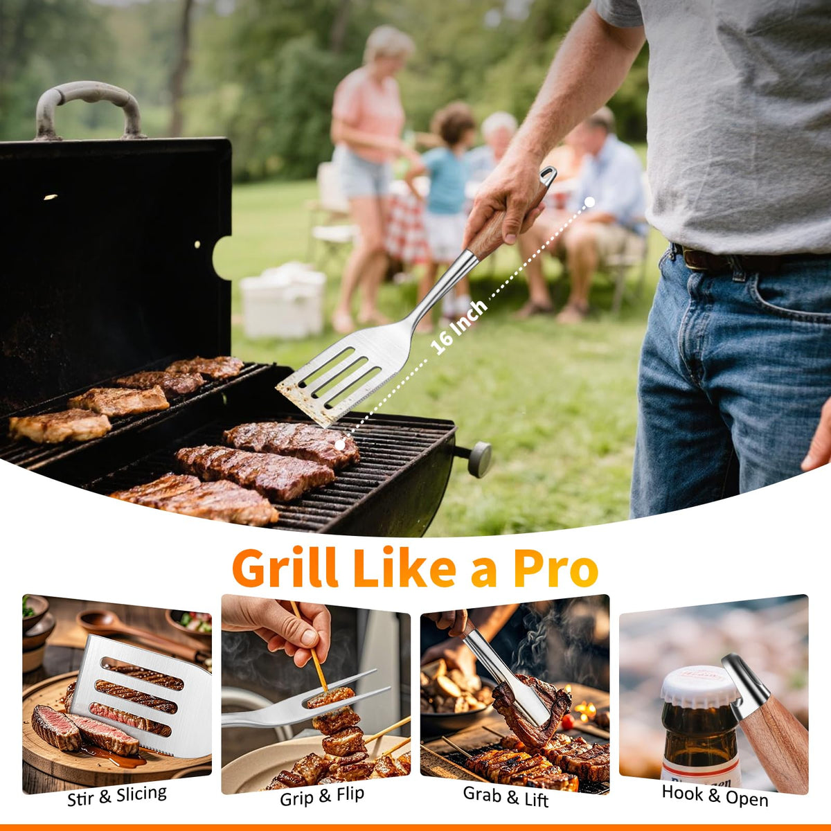 RIKOJUXI 16-inch grilling tongs providing a firm grip from a distance.