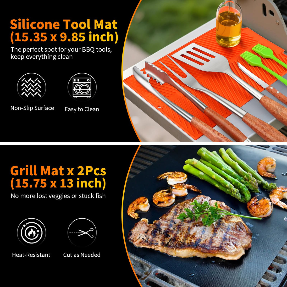 RIKOJUXI nonstick grill mats prevent sticking and simplify cleanup.