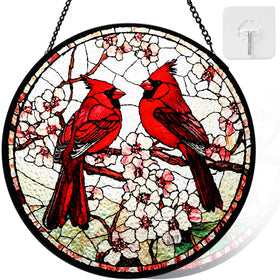 Riletese cardinal stained glass sun catcher closeup shows hand-painted details and vibrant color