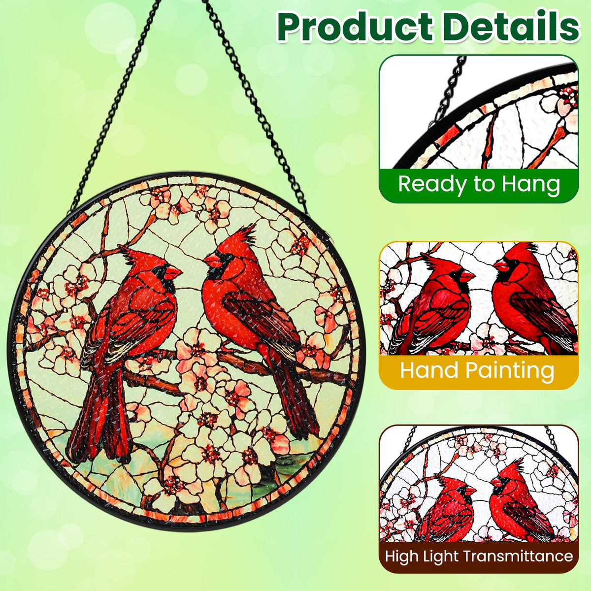 Riletese cardinal stained glass sun catcher hanging chain offers easy, secure window display