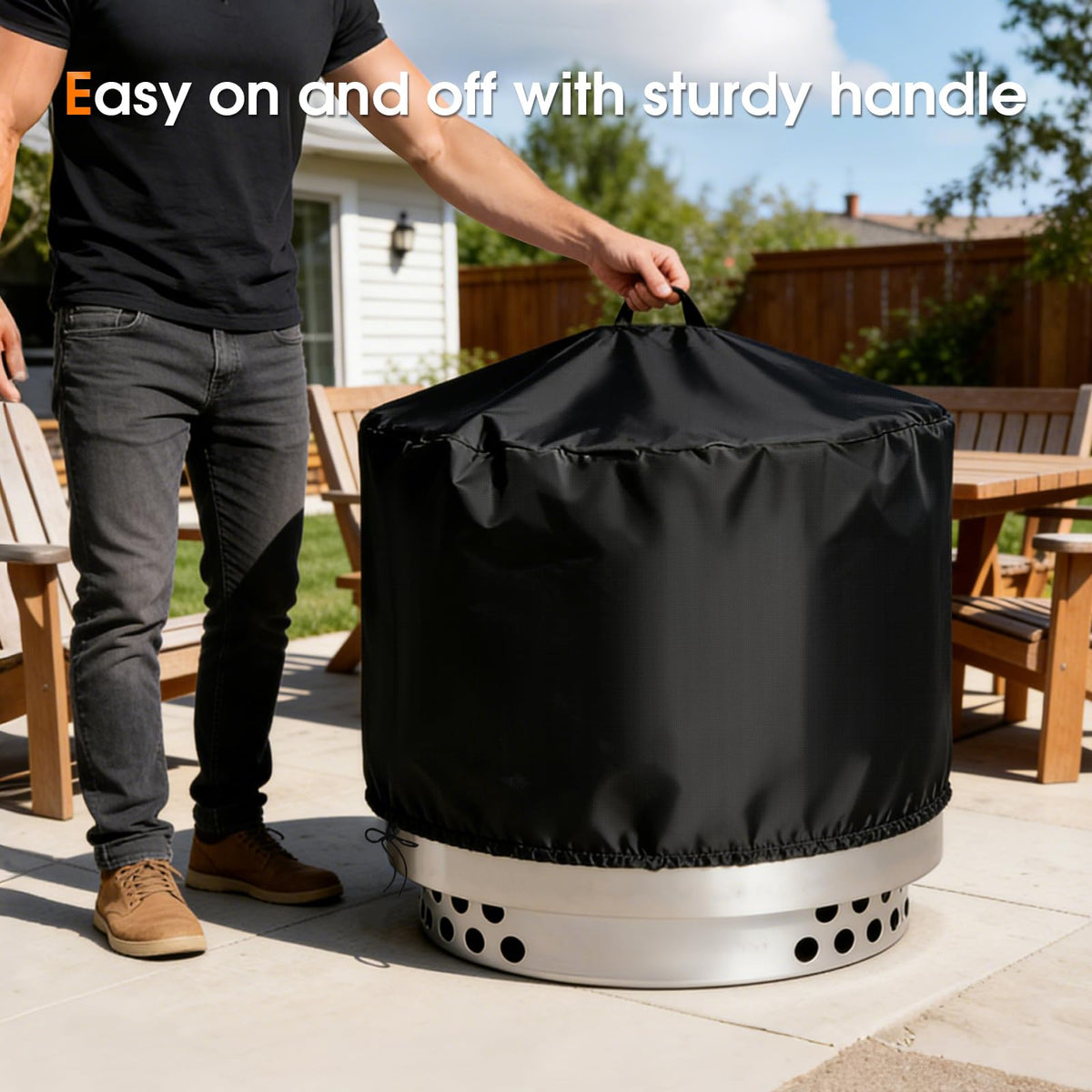 Rilime round fire pit cover guards against sun, rain, and snow