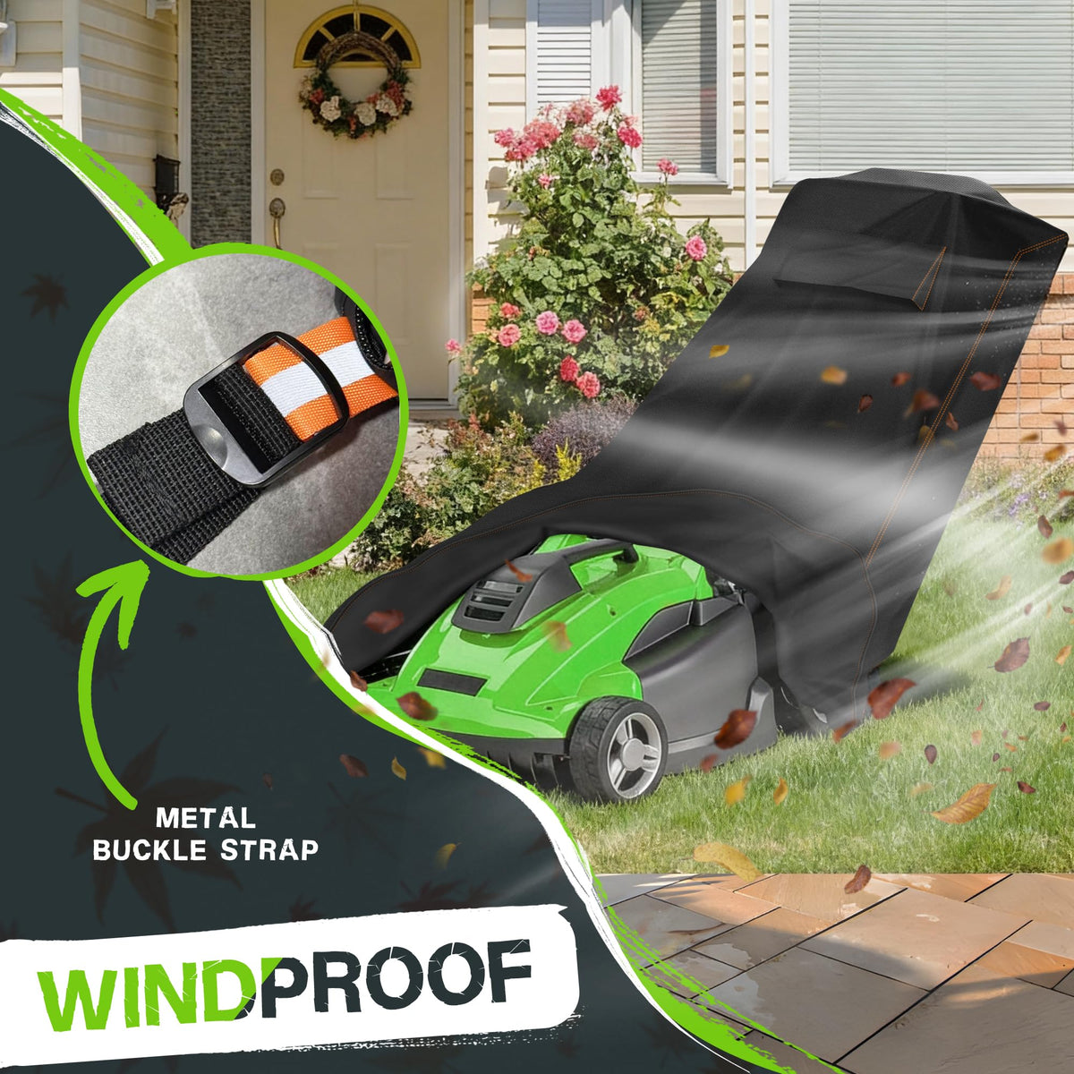 Rimwig all-weather mower cover shields against sun, rain, and debris.