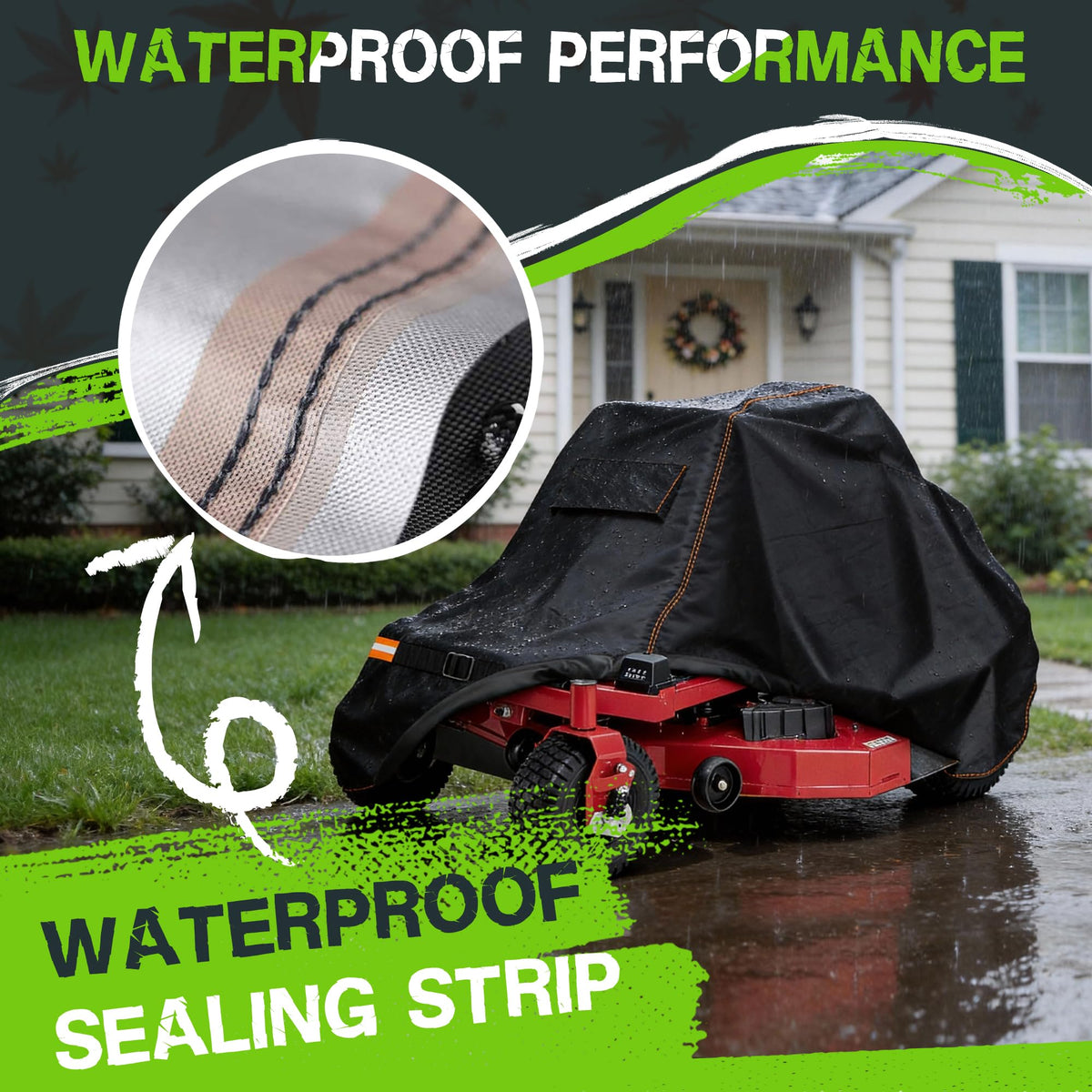 Rimwig Garden Mower Cover shows double-stitched seams for durable moisture resistance.