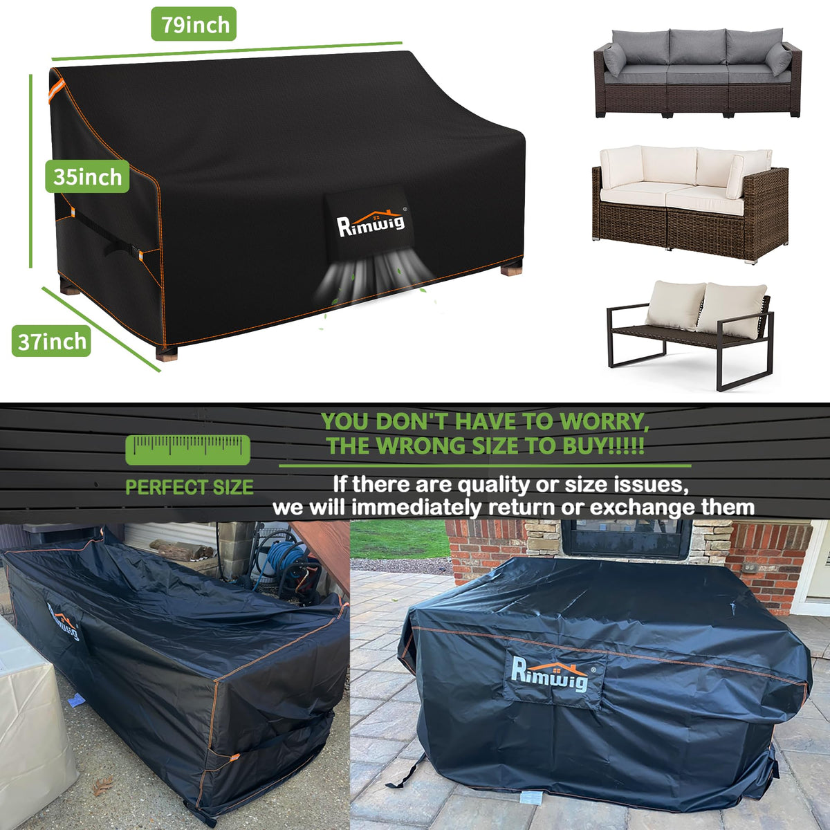 Rimwig 3-seater cover fits 79x37x35 inches