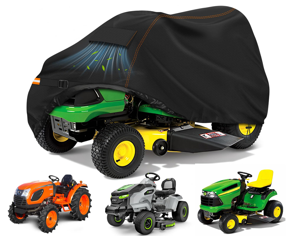 Rimwig Outdoors riding mower cover on a mower shields from rain and sun.