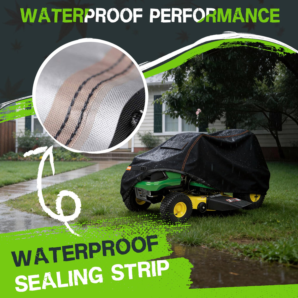 Rimwig Outdoors riding mower cover shows waterproof seams for rain protection.
