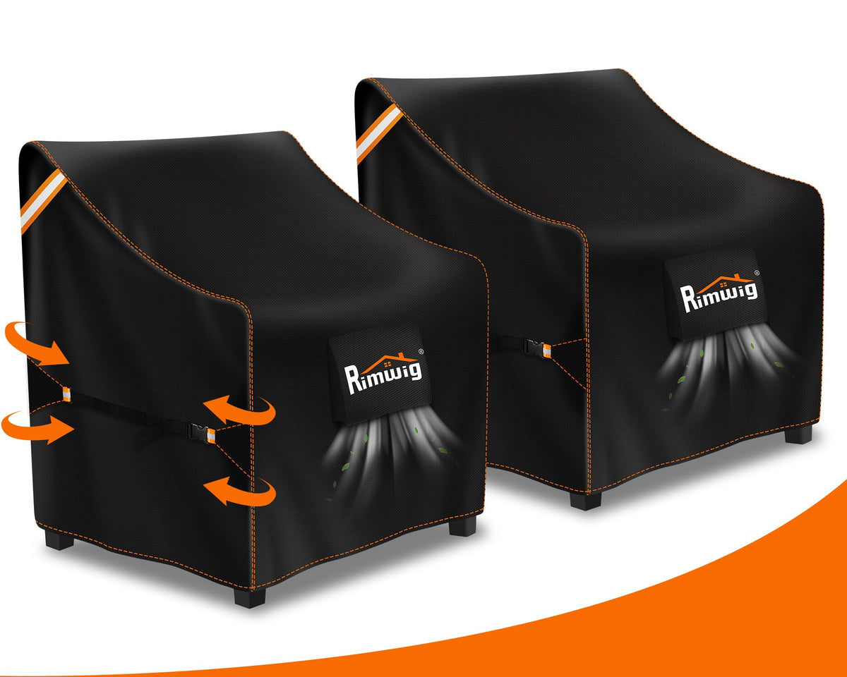 Rimwig patio chair cover on a swivel chair protects against rain and sun.
