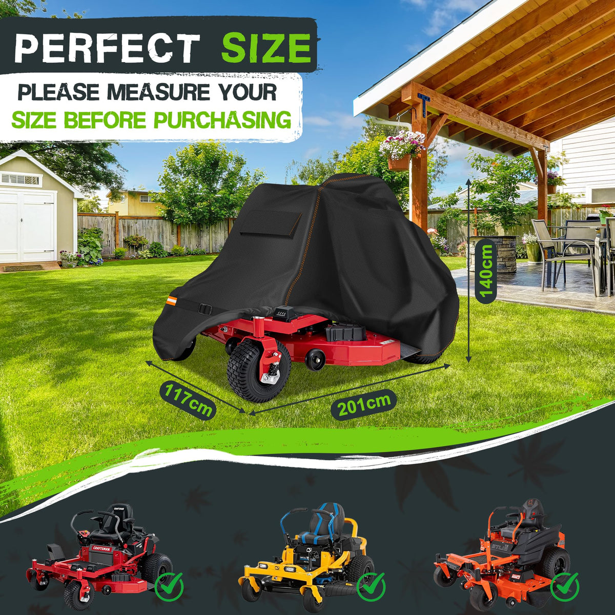 Rimwig Zero Turn Mower Cover with windproof straps secure the mower during gusty weather.