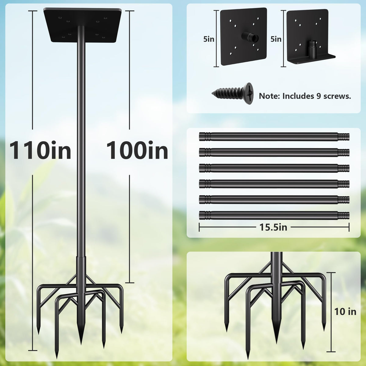 RINLAIN five-prong base bird pole provides stable anchoring against wind and weather.