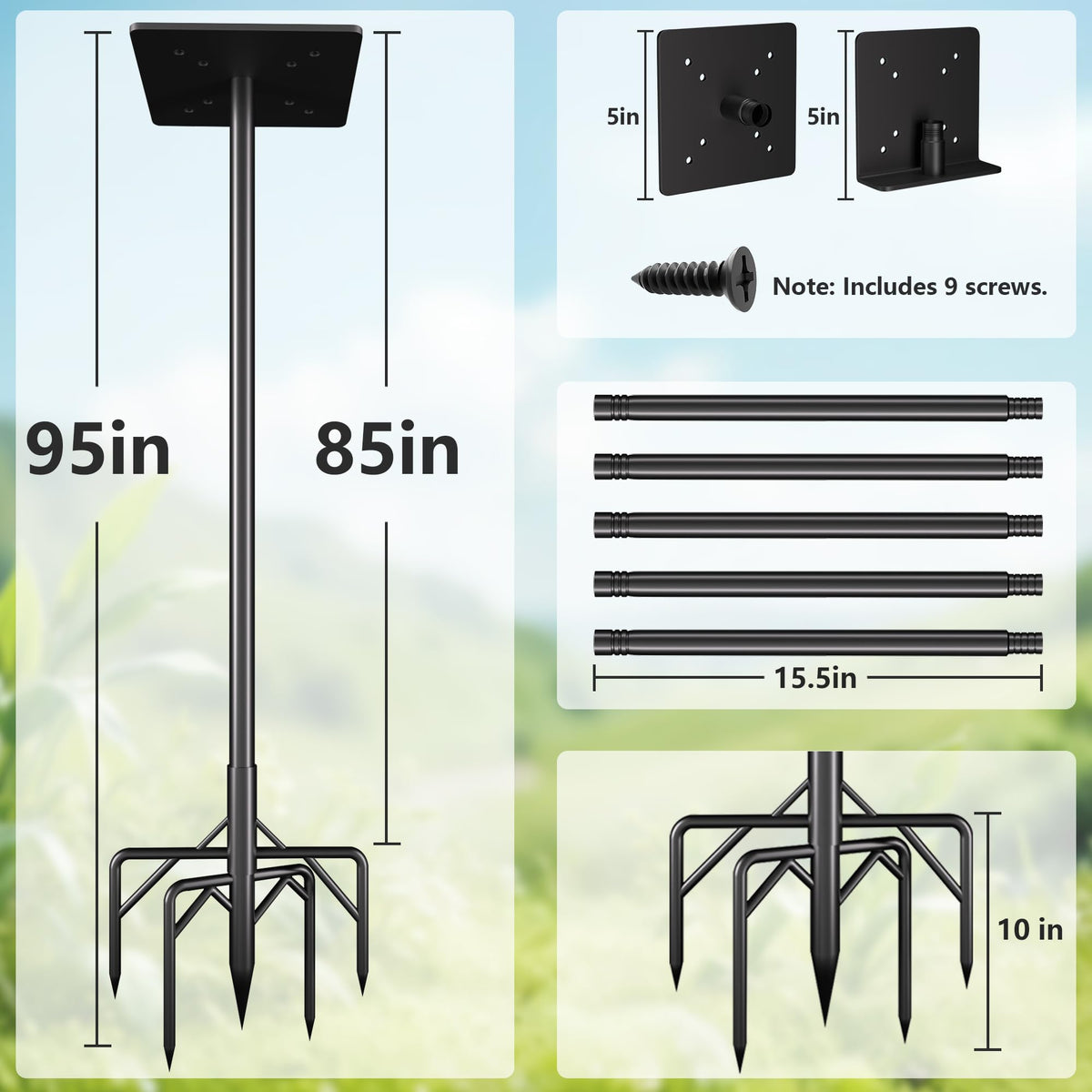 RINLAIN Bird Feeder Pole Stand close-up shows thick 1-inch steel pipe for durability.