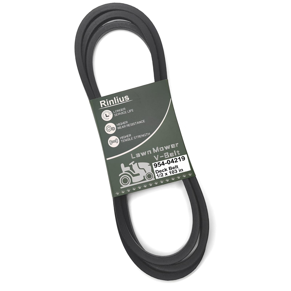 Rinlius deck belt 954-04219 laid flat, 103-inch length for deck compatibility.