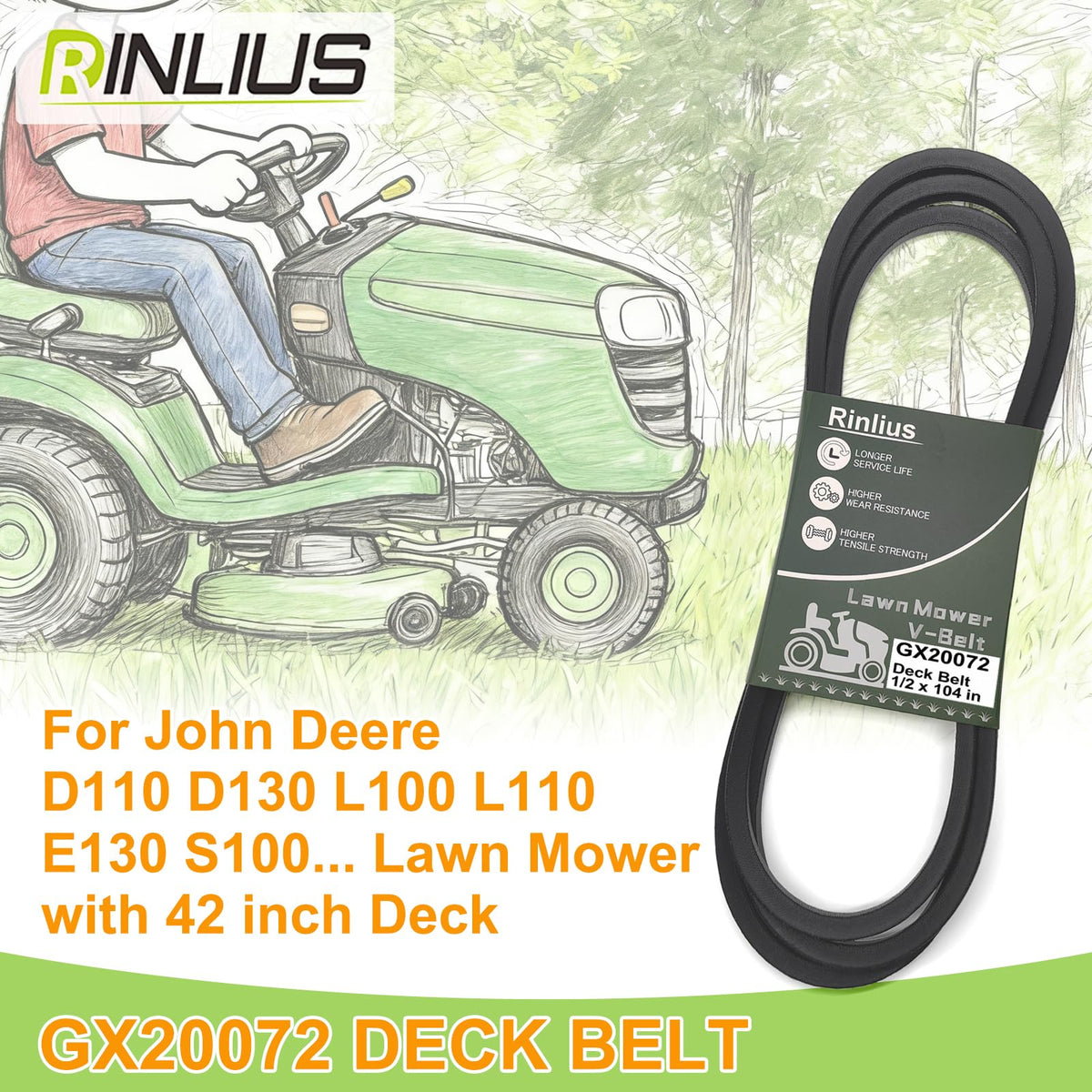 Rinlius deck belt 104-inch length provides precise deck engagement.