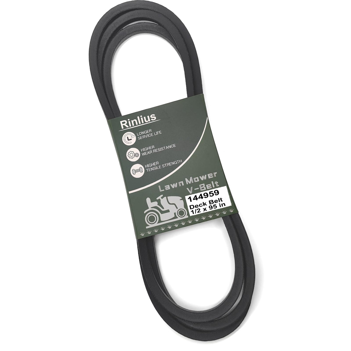 Rinlius mower deck belt 144959 closeup highlights durable construction for reliable mowing