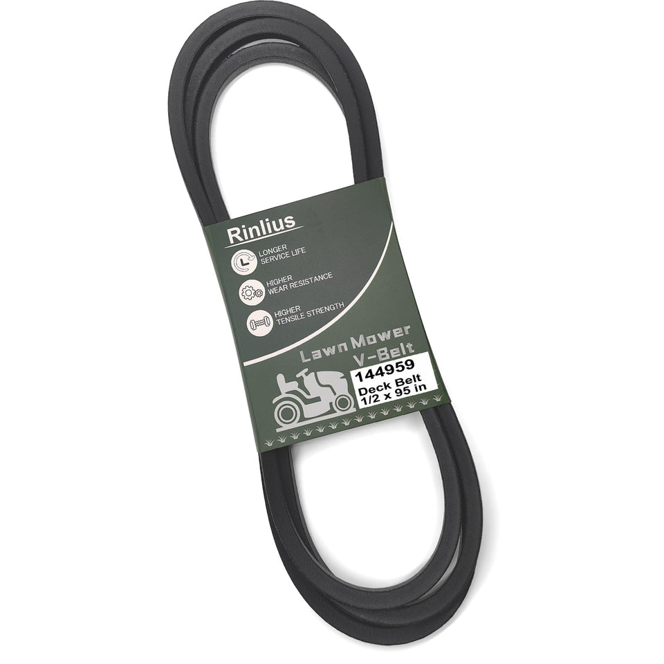 Rinlius mower deck belt 144959 closeup highlights durable construction for reliable mowing