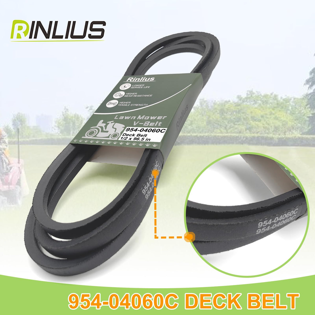 Diagram showing Rinlius deck belt fit on a 42-inch mower deck