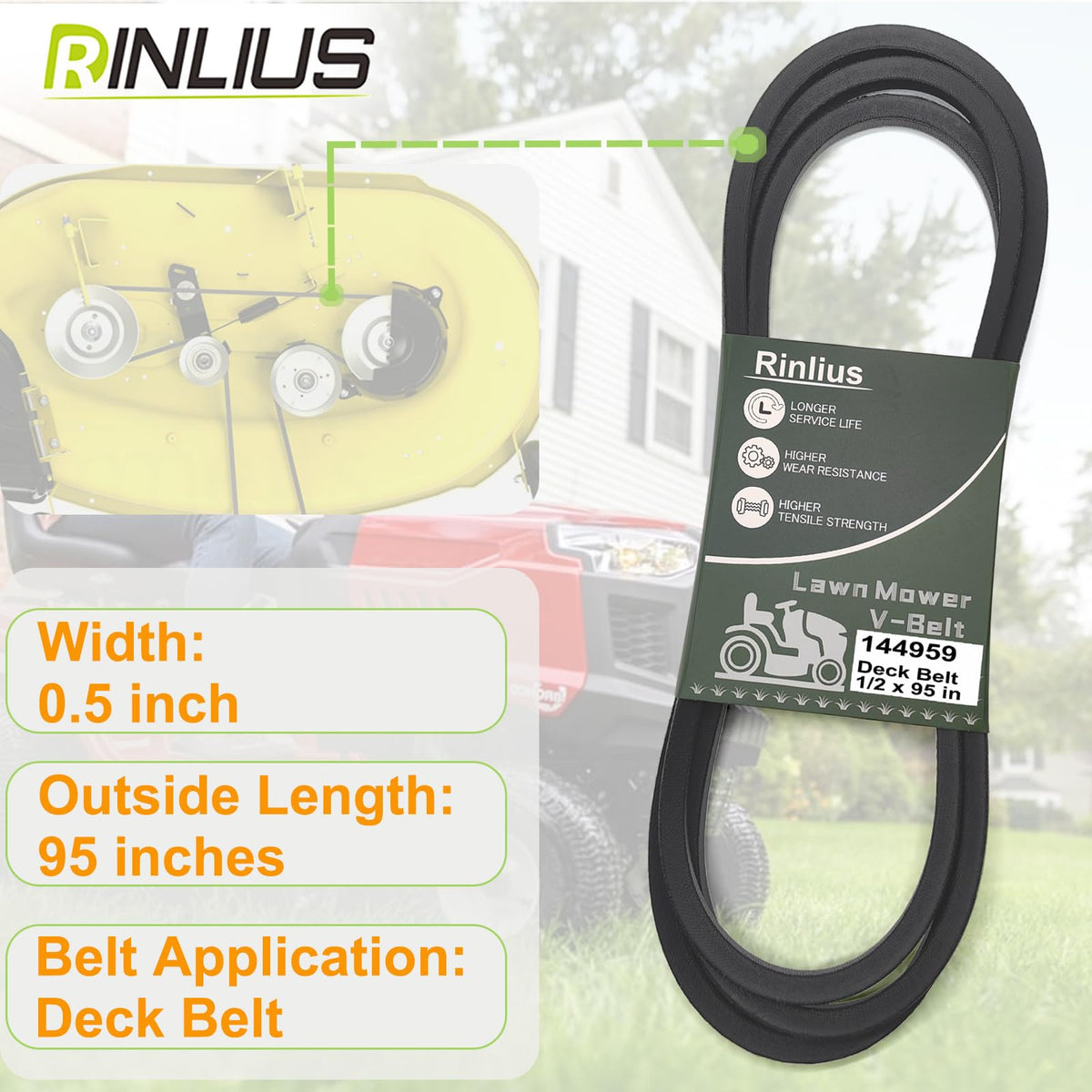 Rinlius packaging highlights a ready-to-install mower deck belt for quick replacement
