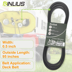 Rinlius packaging highlights a ready-to-install mower deck belt for quick replacement