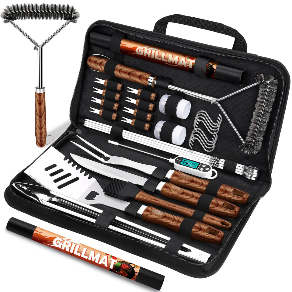 RINPIR 31pcs BBQ utensils kit in a carrying bag for organized outdoor grilling.