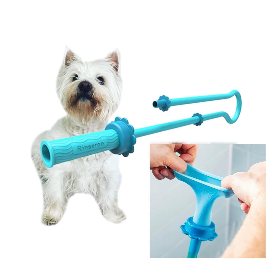 Rinseroo dog spot washer attached to shower hose for quick muddy patch cleanup.
