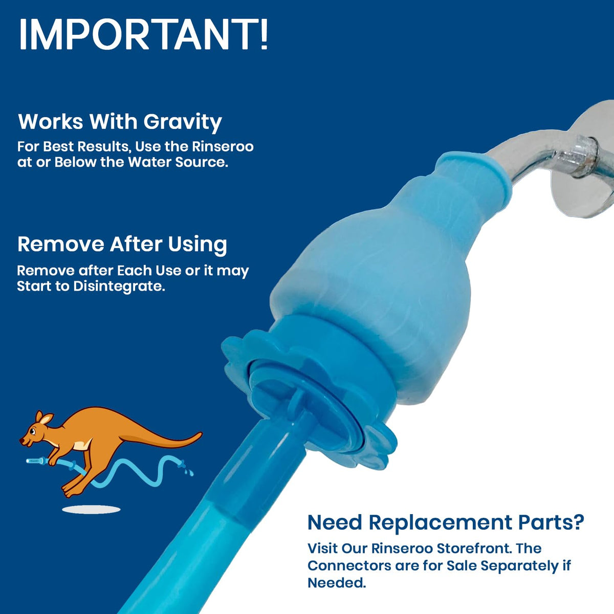 Rinseroo showerhead attachment fits up to 4-inch wide heads for universal use.