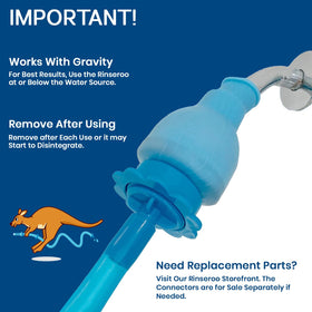 Rinseroo showerhead attachment fits up to 4-inch wide heads for universal use.