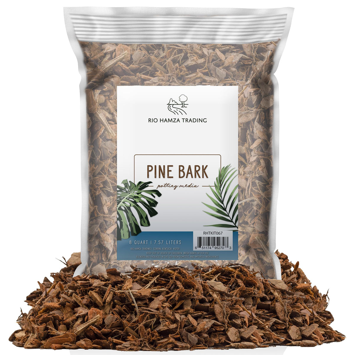 Rio Hamza Trading pine bark mulch nuggets for 8-quart bag, ideal for soil conditioning and decorative mulch.