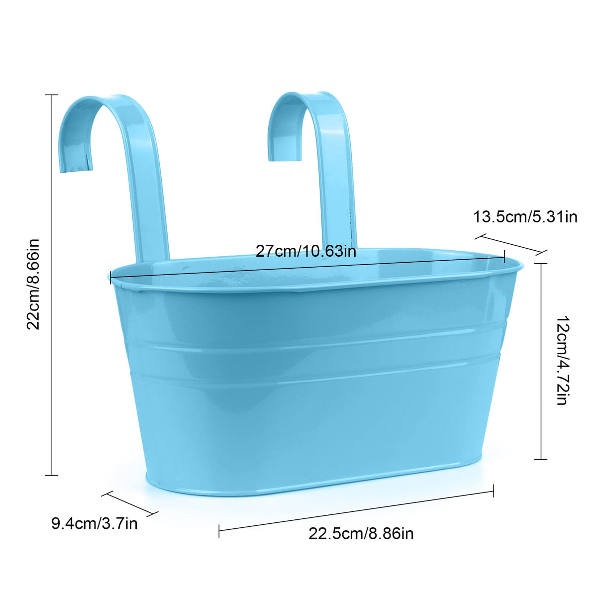 RIOGOO metal hanging planters demonstrate durable iron for outdoor use.