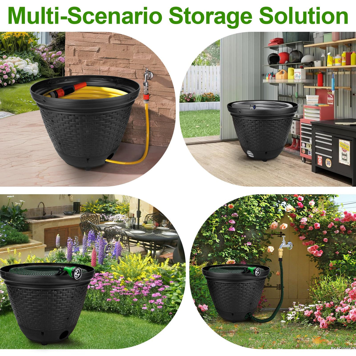 Riokko decorative hose storage blends with garden or garage interiors.
