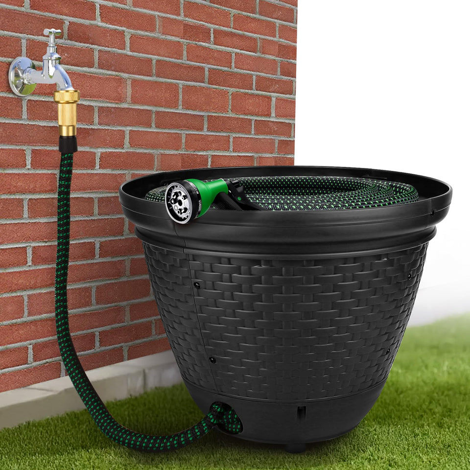 Riokko garden hose holder pot with wicker design enhances outdoor aesthetics and hides hoses.