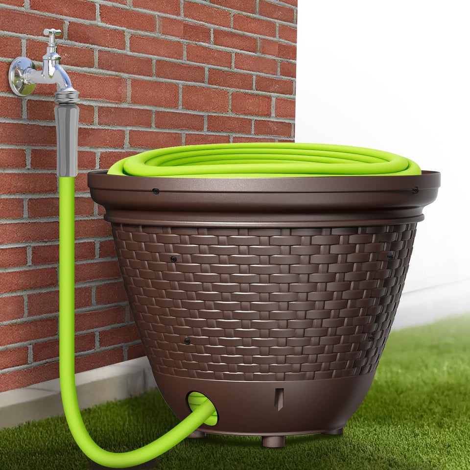Riokko garden hose holder wicker pot hides hoses while elevating curb appeal.