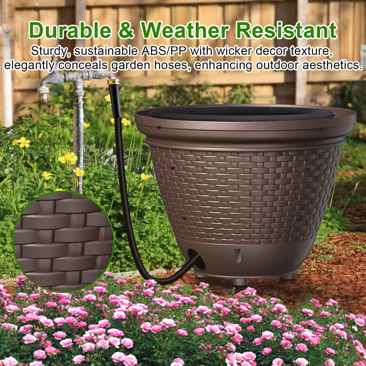 Riokko hose storage with five drainage holes prevents water buildup after use.