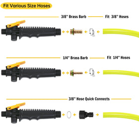 Riomhorry brass barb fittings fit 1/4 and 3/8 inch hoses.