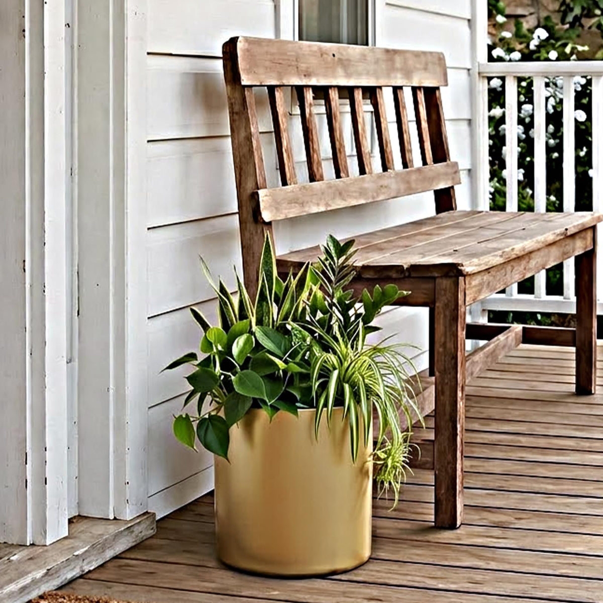 Rioneta gold metal pot enhances bedroom decor with greenery