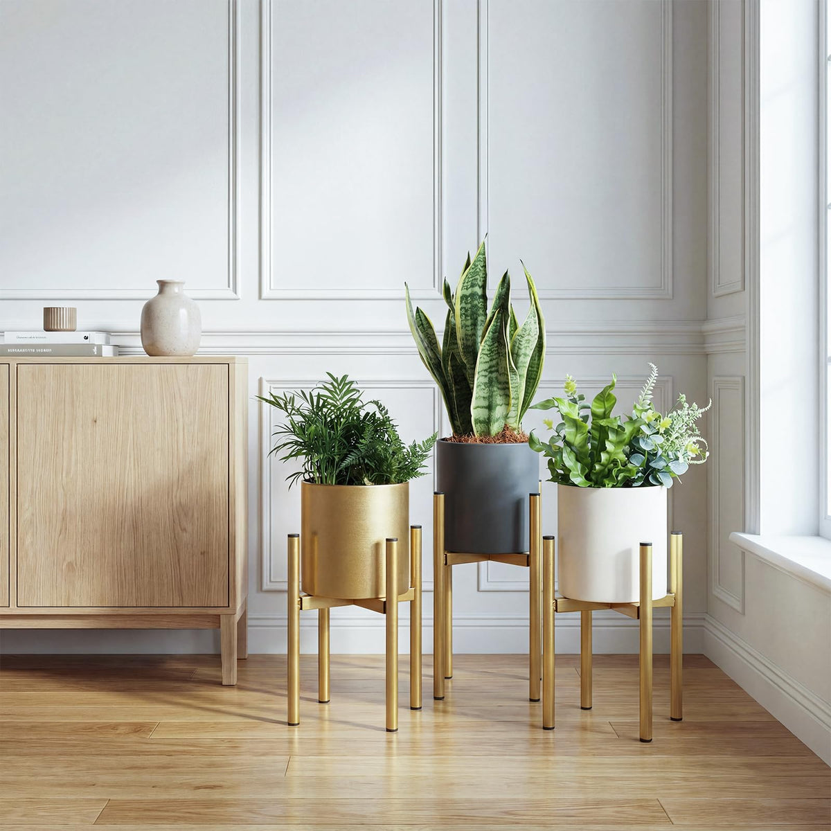 Rioneta gold metal pot adds minimalist elegance to living rooms