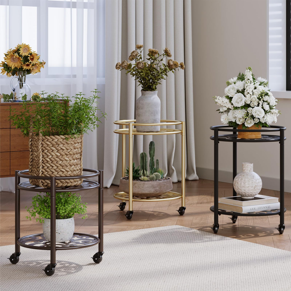 Rioneta rolling plant stand tool-free assembly for quick setup.