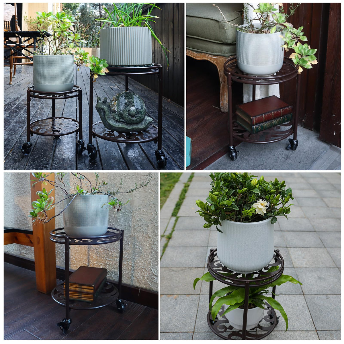 Rioneta rolling plant stand features waterproof coating for outdoor durability.